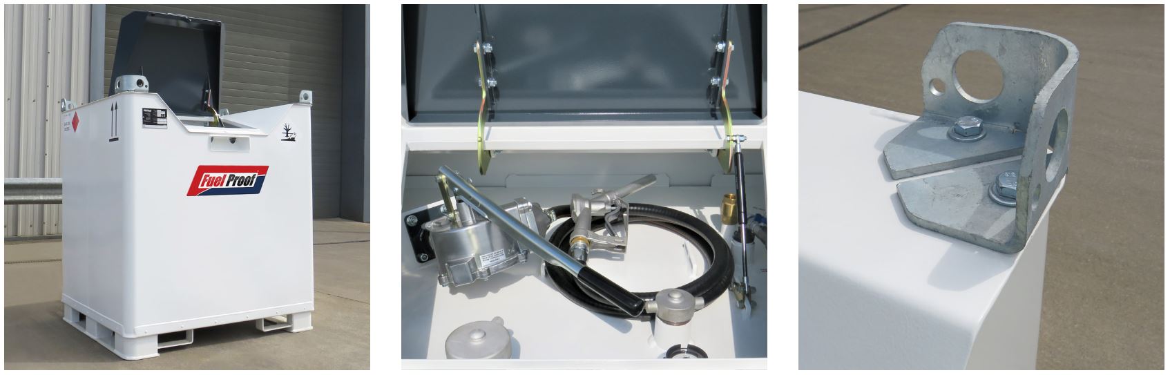 White Fuel Proof US 250 Gallon Fuelcube fuel tank, fuel dispensing kit and galvanised lifting eyes